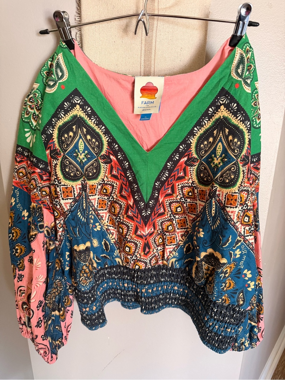 FARM Rio Multicolor V-Neck Printed Peasant Blouse - Green, Pink, Blue